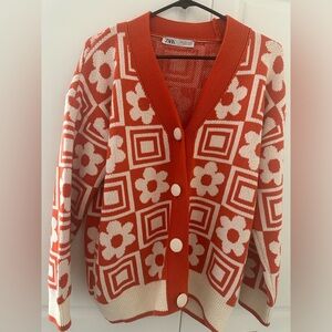 Zara Orange & Off-White Flower Print Button Up Cardigan Size Small